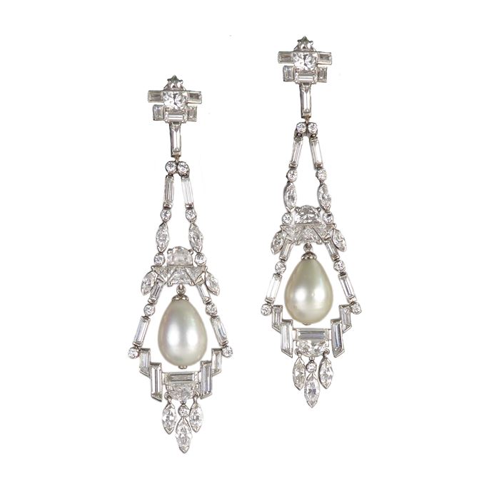 Pair of diamond and drop pearl pendant earrings by Cartier, | MasterArt